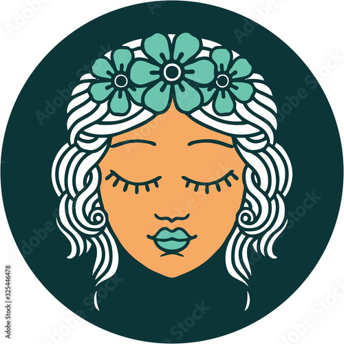 tattoo style icon of a maidens face