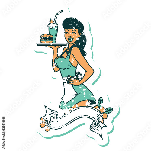 distressed sticker tattoo style icon of a pinup waitress girl with banner
