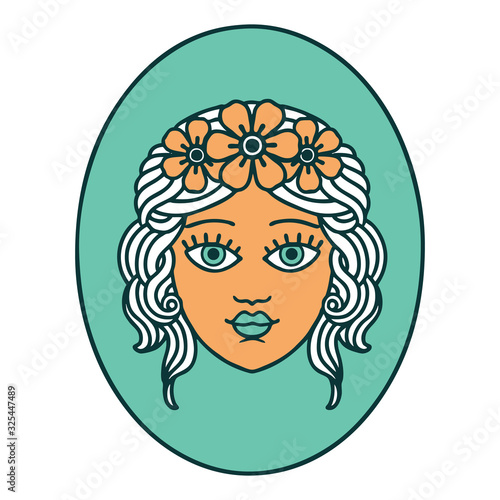 tattoo style icon of a maiden with crown of flowers