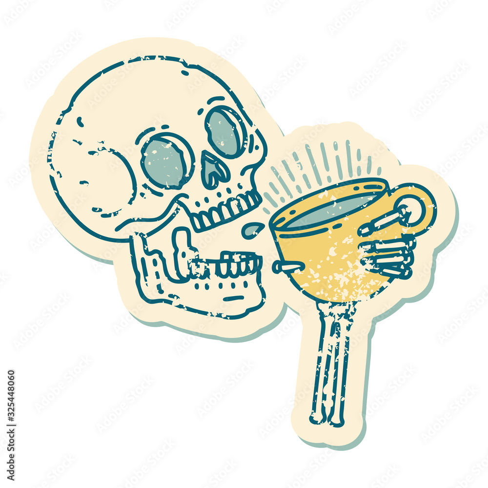 distressed sticker tattoo style icon of a skull drinking coffee distressed sticker tattoo style icon of a skull drinking coffee