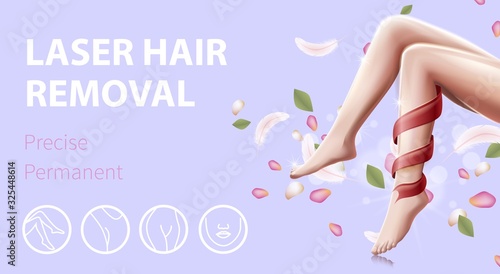 Laser Hair Removal, Precise Permanent Horizontal Banner. Smooth Female Legs with Perfect Skin, Lace, Feathers Petals and Icons with Epilation Areas. Beauty Procedure. 3D Vector Realistic Illustration