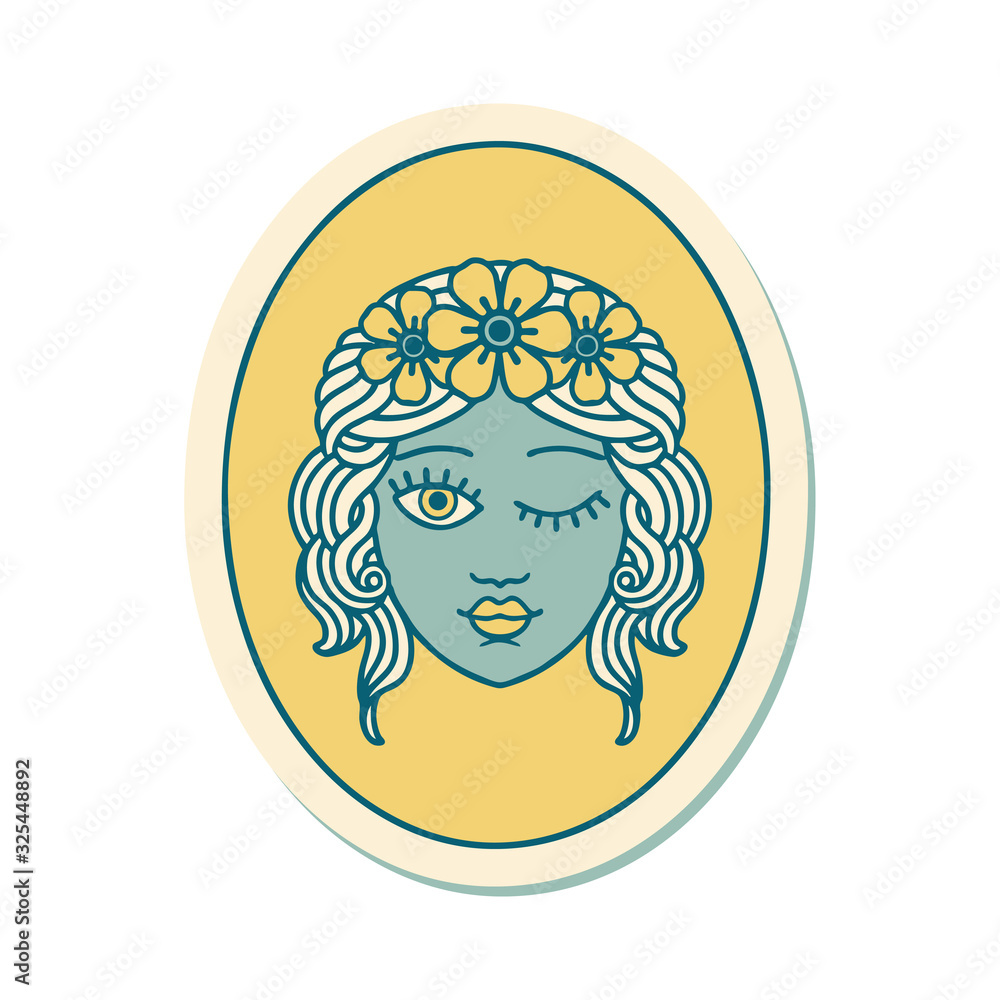 tattoo style sticker of a maiden with crown of flowers winking tattoo style sticker of a maiden with crown of flowers winking