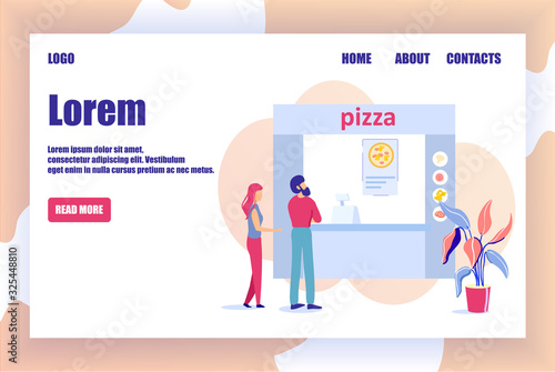 Bakery, Restaurant, Cafe, Cafeteria Illustration. Vector Flat Cartoon People Choosing Fillings for Staple. Online Pizzeria Landing Page Offers Order Pizza. Traditional Italian Food Snack Wide Range © Mykola