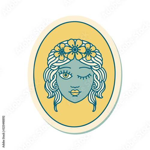 tattoo style sticker of a maiden with crown of flowers winking