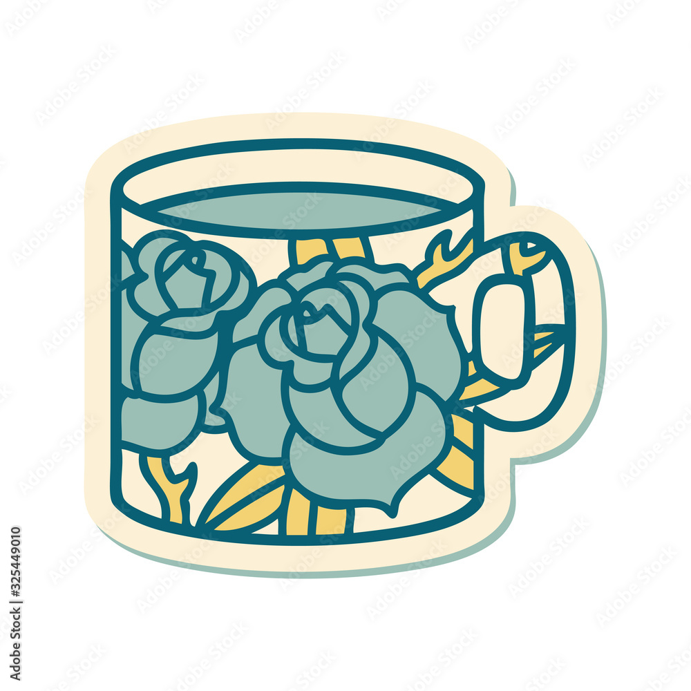 tattoo style sticker of a cup and flowers tattoo style sticker of a cup and flowers