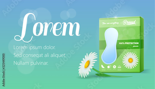 Vector Feminine Natural and Soft Hygiene Products in Pack for Menstruation Blood Absorption. Ultra Thin Daisy Pads without Wings 3d Illustration. Protection and Comfort. Realistic Advertising Banner