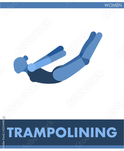 Pictogram of womans trampolining. Icon of sporting gymnastics. Women, girls. Athletics. International sports;  jumping on a trampoline. The symbolic image. One of a series. Female. Vector isolated.