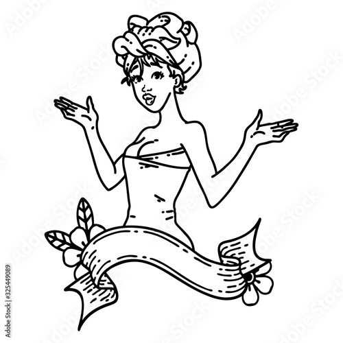 black line tattoo of a pinup girl in towel with banner