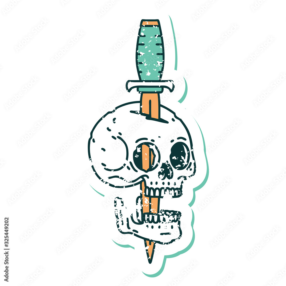 distressed sticker tattoo style icon of a skull and dagger distressed sticker tattoo style icon of a skull and dagger