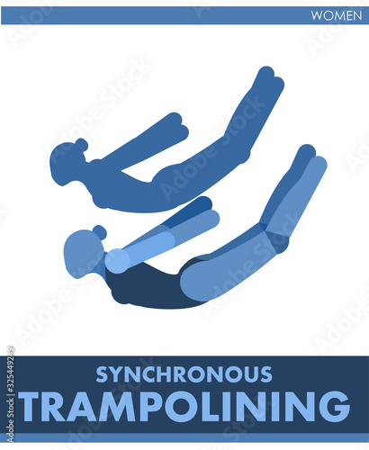 Pictogram of womans synchronous trampolining. Icon of sporting gymnastics. Women, girls. Athletics. International sports;  jumping on a trampoline. The symbolic image. One of a series. Female. Vector 