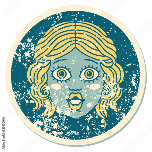 distressed sticker tattoo style icon of female face