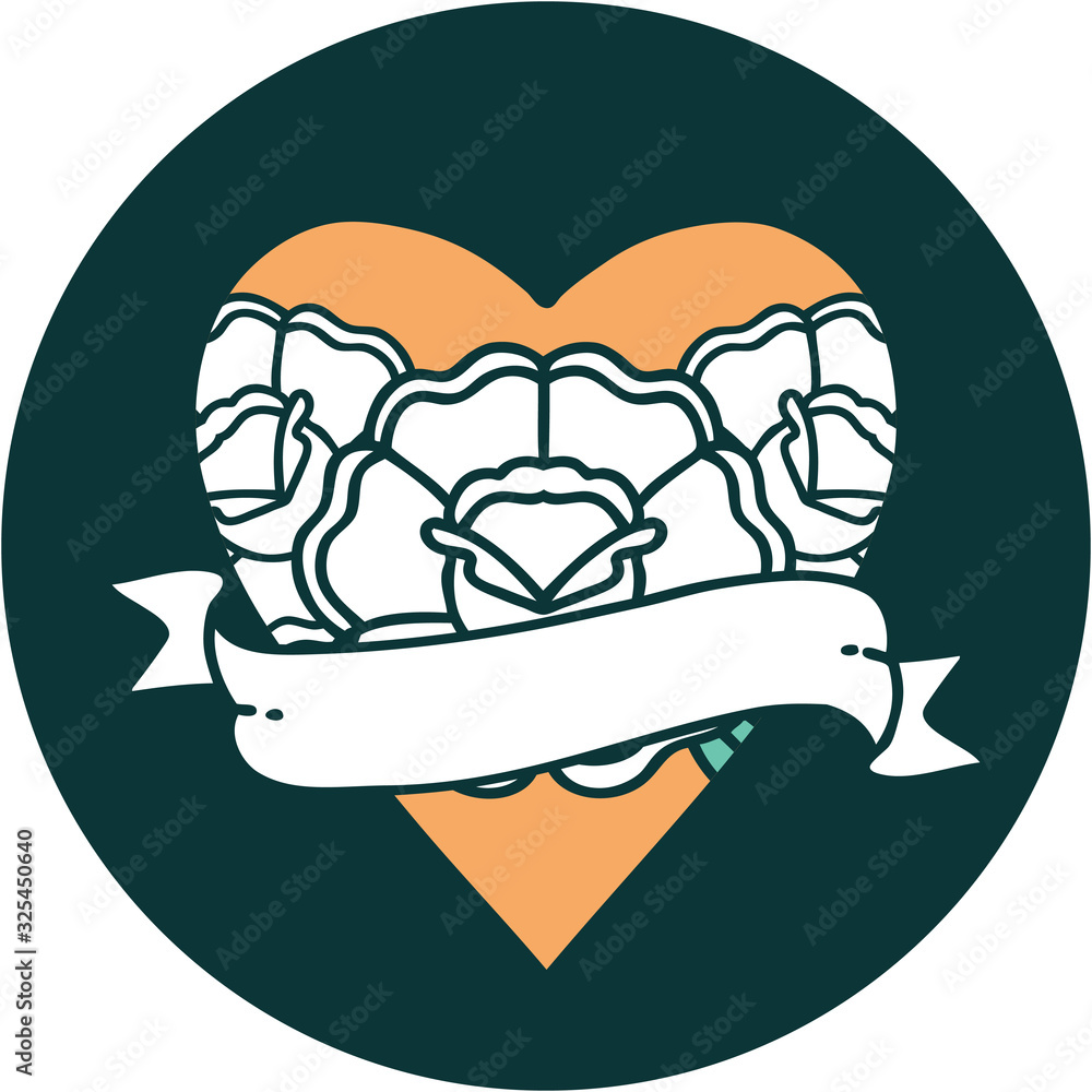 tattoo style icon of a heart and banner with flowers tattoo style icon of a heart and banner with flowers
