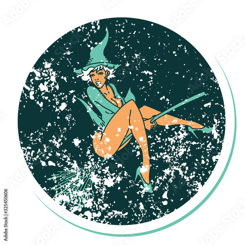 distressed sticker tattoo style icon of a pinup witch