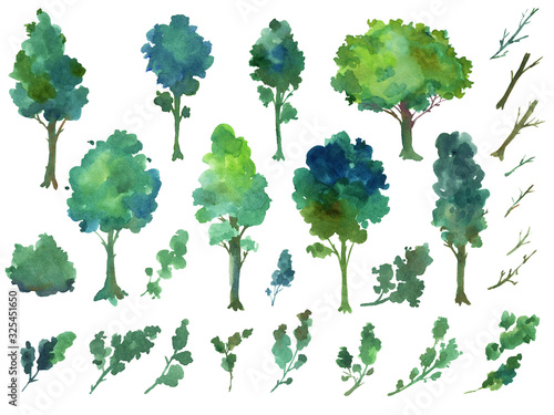 A large set of green watercolor trees on a white isolated background. Summer trees, foliage, branches, trunks.