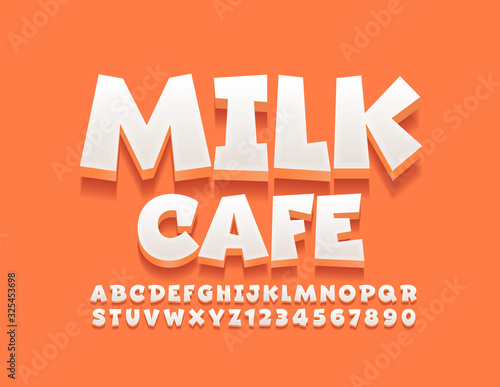 Vector funny emblem Milk Cafe with 3D Font. White creative Alphabet Letters and Numbers 