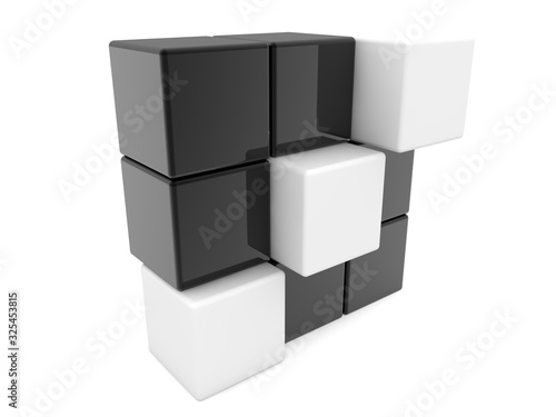 Black toy block construction with white toy blocks in the form of steps