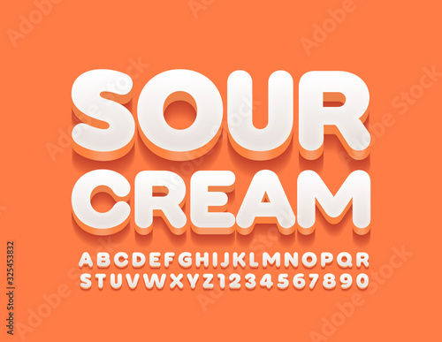 Vector stylish logo Sour Cream. Cute 3D Font. White Uppercase Alphabet Letters and Numbers.