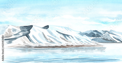 Arctic landscape with glacier. Backgrounds with copy space. Hand-drawn horizontal watercolor illustration