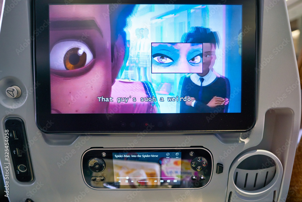 Naklejka premium SINGAPORE - CIRCA APRIL, 2019: seat back screen on board of Singapore Airlines Airlines A350.