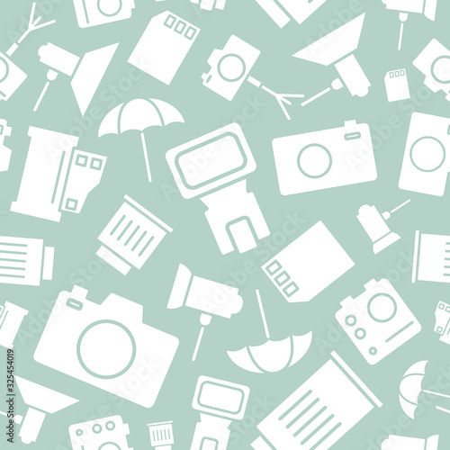 Photo equipment background - Vector seamless pattern solid minimal silhouettes of camera, flash, lens, tripod, slr and light for graphic design