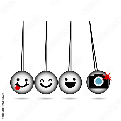 Pendulum Icon, Newton's Cradle with camera. fhoto smile concept. Stock vector illustration isolated on white background. photo