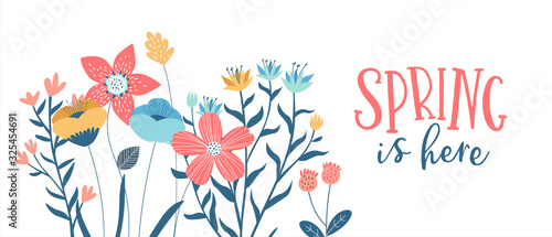 Photo Spring season card of hand drawn cute flowers
