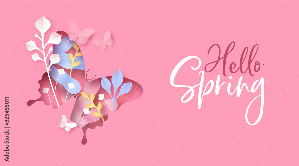 Fototapeta Witaj wiosenny różowy kwiat motyl wycięty papier