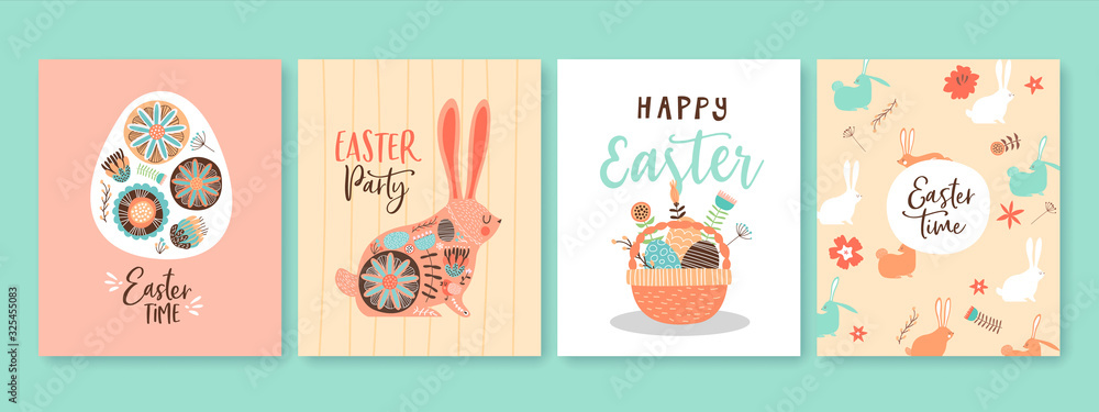 Happy easter cute spring rabbit card set