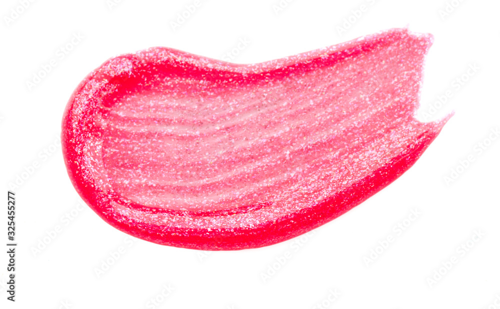 Lip gloss face make-up sample. Closeup shot of Pink color cosmetic liquid lipgloss smudge smear stroke. Make up smear isolated on white background. Macro of Lipstick close-up Lip gloss face make-up sample. Closeup shot of Pink color cosmetic liquid lipgloss smudge smear stroke. Make up smear isolated on white background. Macro of Lipstick close-up