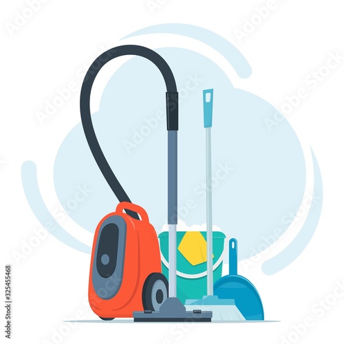 Tools for cleaning and housework. Vacuum cleaner, floor sweeping brush, dustpan, bucket of water and soap suds. Cute flat style vector illustration.