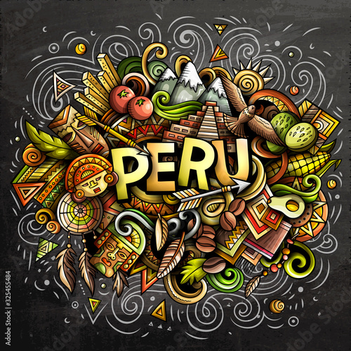 Peru hand drawn cartoon doodles illustration. Funny design.