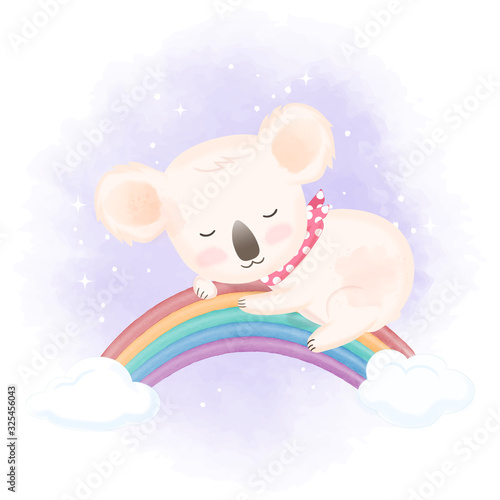 Obraz na płótnie Cute koala sleep on rainbow hand drawn animal watercolor illustration