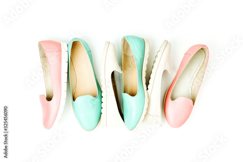 Stylish female shoes in pastel colors. Beauty and fashion concept. Flat lay  top view