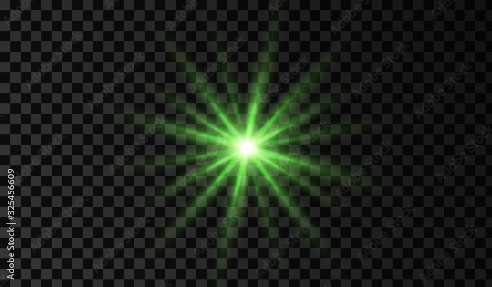Lens flare. Light glow effect. Green sparkle and glare object. Isolated vector illustration on transparent background.