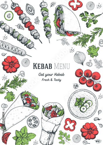 Doner kebab and ingredients for kebab, sketch illustration. Arabic cuisine frame. Fast food menu design elements. Shawarma hand drawn frame. Middle eastern food.