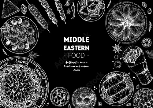 Middle eastern food top view frame. Food menu design with dolma, kibbeh, kebab, shawarma, baklava, meat balls . Vintage hand drawn sketch vector illustration.