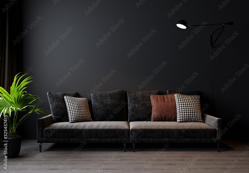 Modern living room interior background, dark wall, Scandinavian style ...