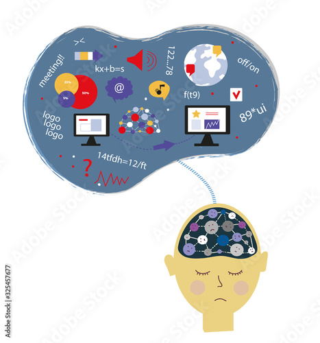 Vector illustration of a digital stress and burnout of modern people. Man is overwhelmed with data, information, media, feels depression, headache and unhappy