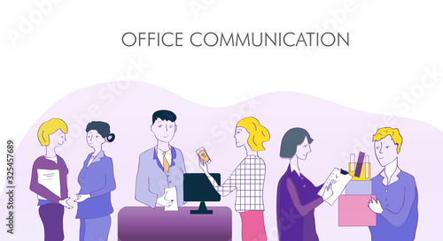 Vector illustration for the office communication with businessmen discuss work, projects, network, social issues with workers and busy with many activities