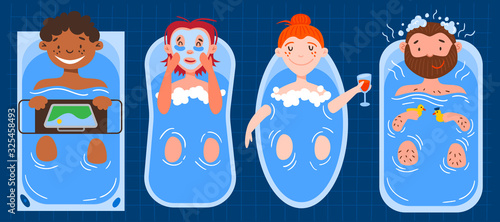Set of female and male vector characters taking a bath