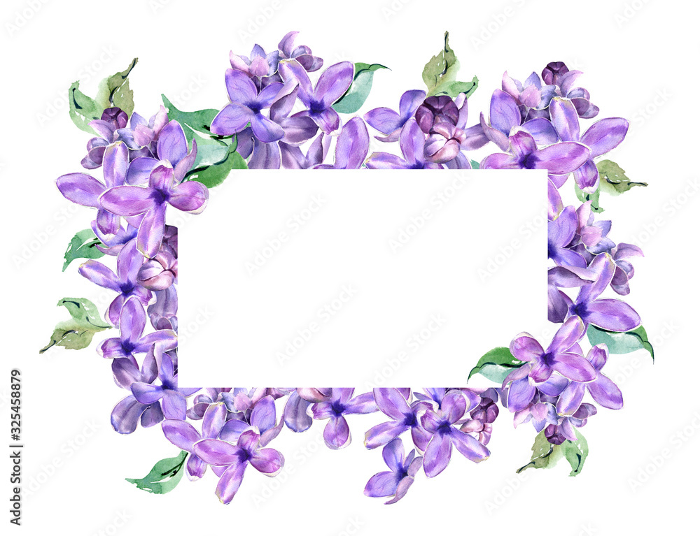 Watercolor floral border with  blue lilac flowers. Hand painted lilac flowers isolated on white background. Holiday print. Summer wedding arrangement. Blue decor. Violet frame. Violet flowers