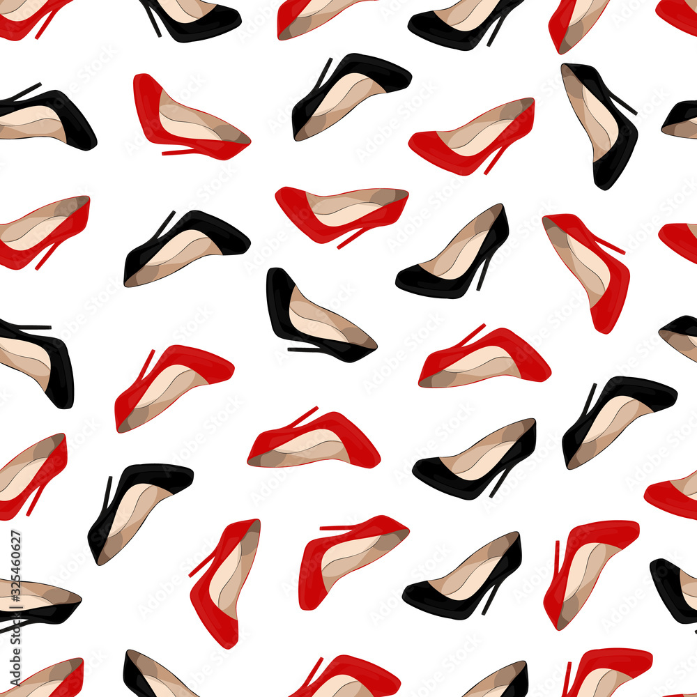 Fashion pattern with red and black heels. Fashion background with heels. Shoes pattern design. Seamless high heels pattern Fashion pattern with red and black heels. Fashion background with heels. Shoes pattern design. Seamless high heels pattern