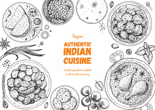 Indian food illustration. Hand drawn sketch. Indian cuisine. Doodle collection. Vector illustration. Menu background. Engraved style.