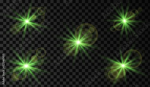 Lens flare. Light glow effect. Green sparkle and glare object. Isolated vector illustration on transparent background.