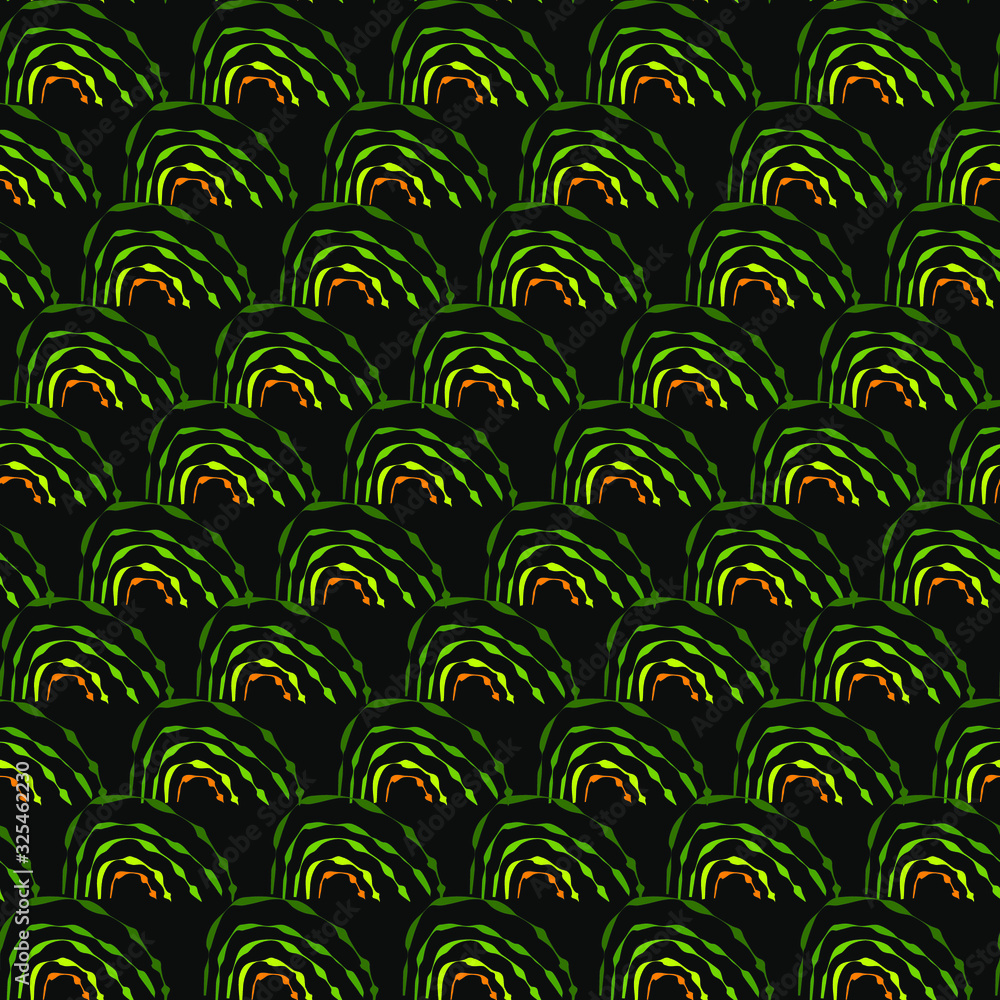 dark background with abstract ornaments in the form of dark green and orange waves, seamless pattern, vector dark background with abstract ornaments in the form of dark green and orange waves, seamless pattern, vector