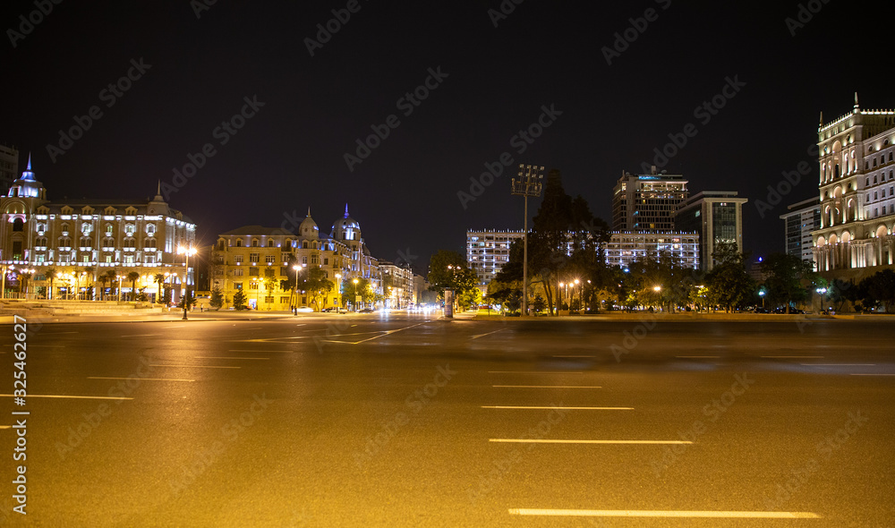 Night view of Freedom square in the center of Baku. Republic of Azerbaijan