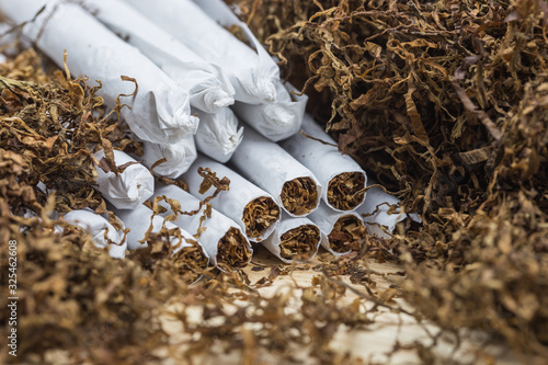 Close up of cigarettes and tobacco.