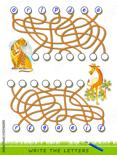 Logic puzzle game for study English with labyrinth. Find correct places and write the letters. Read the words. Learn names of exotic animals. Printable worksheet for kids textbook. Back to school.