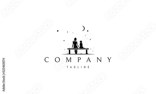 Vector logo on which an abstract image of a girl sitting on a bench with her dog.