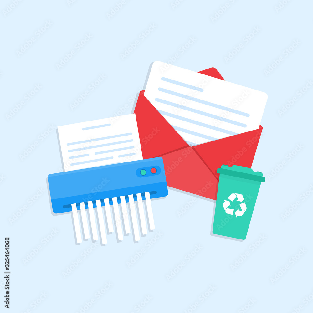paper shredder, envelope with a letter and a trash can. The concept of cleaning mail or spam protection by e-mail. paper shredder, envelope with a letter and a trash can. The concept of cleaning mail or spam protection by e-mail.